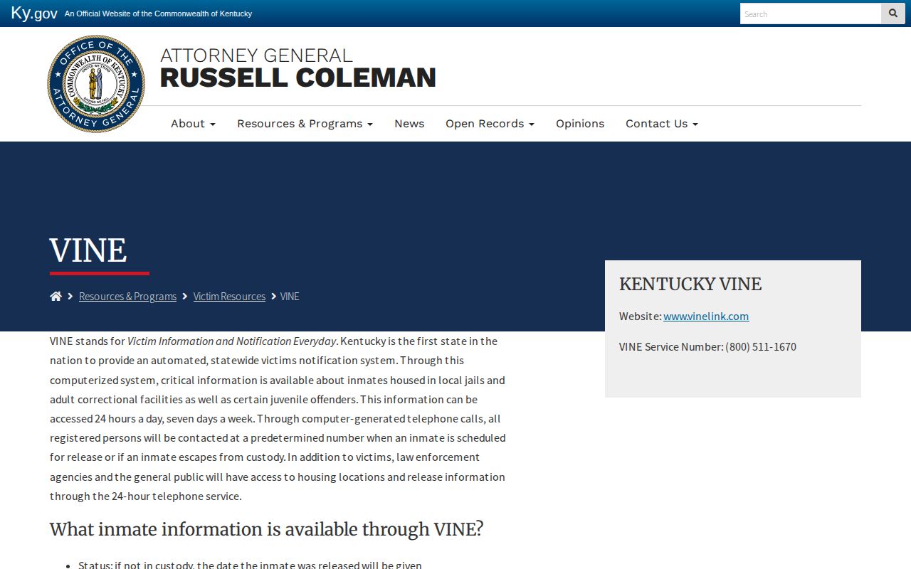 Kentucky official VINE wording for a Union County noncustody release date